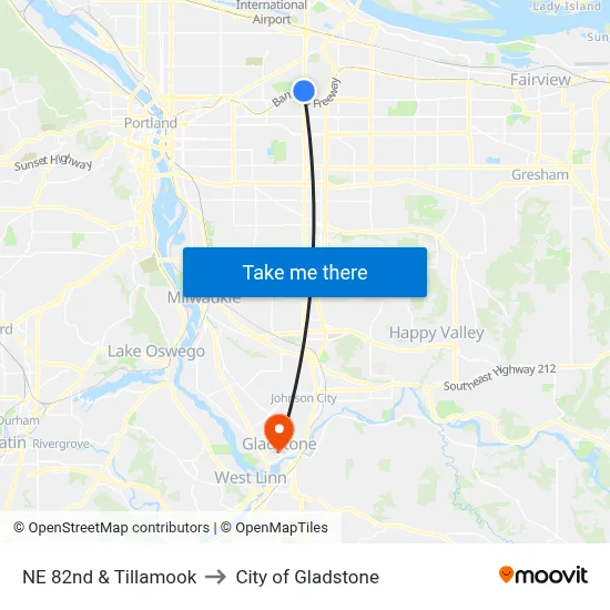 NE 82nd & Tillamook to City of Gladstone map