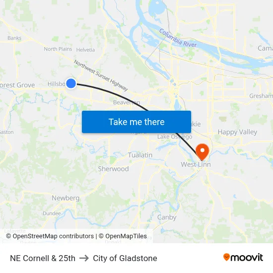 NE Cornell & 25th to City of Gladstone map