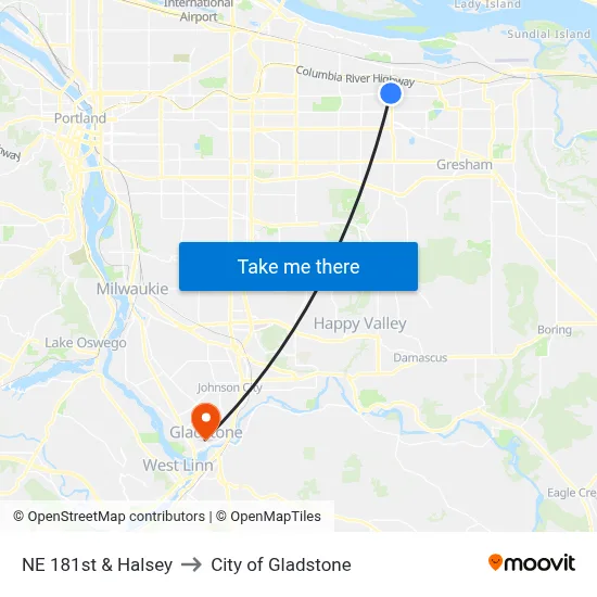 NE 181st & Halsey to City of Gladstone map