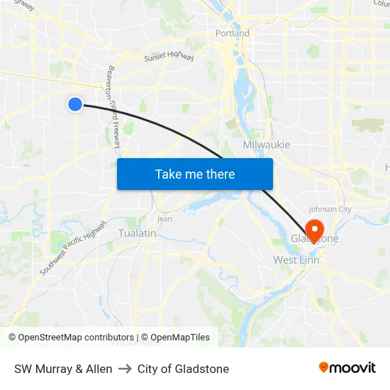 SW Murray & Allen to City of Gladstone map