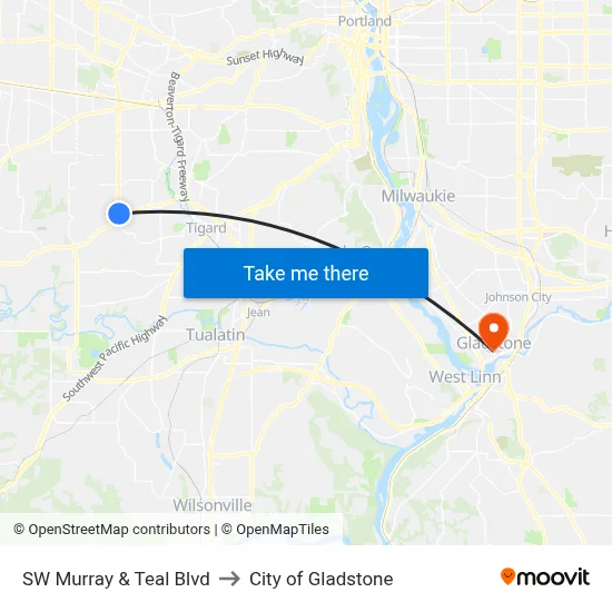 SW Murray & Teal Blvd to City of Gladstone map