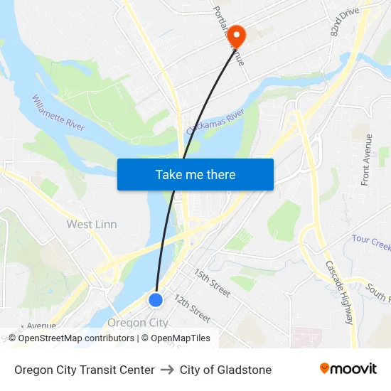 Oregon City Transit Center to City of Gladstone map