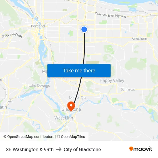 SE Washington & 99th to City of Gladstone map