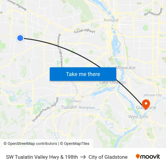 SW Tualatin Valley Hwy & 198th to City of Gladstone map