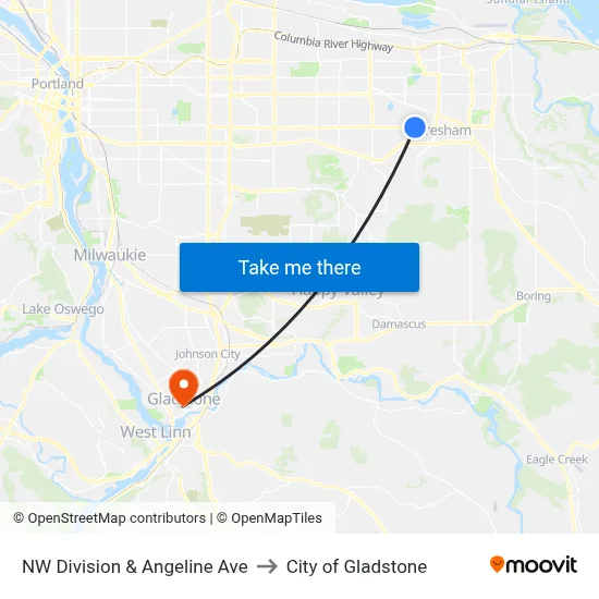 NW Division & Angeline Ave to City of Gladstone map