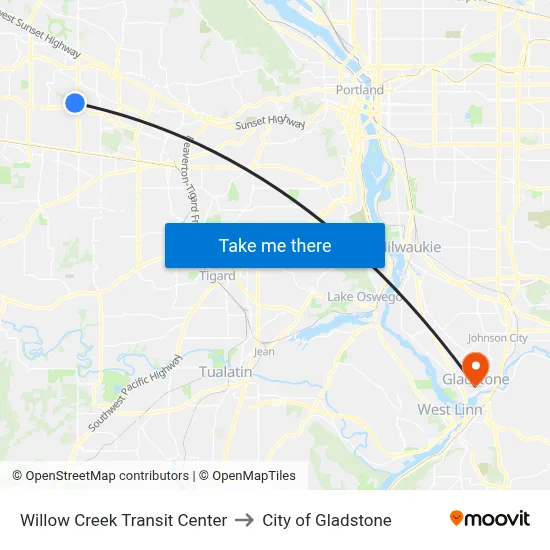 Willow Creek Transit Center to City of Gladstone map