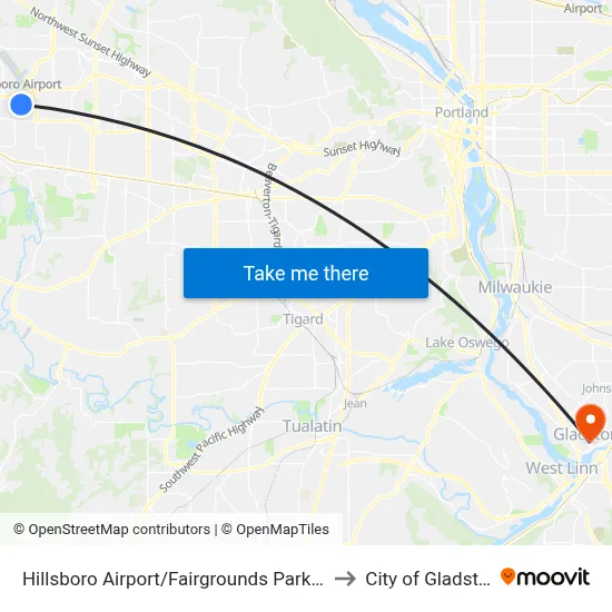 Hillsboro Airport/Fairgrounds Park & Ride to City of Gladstone map