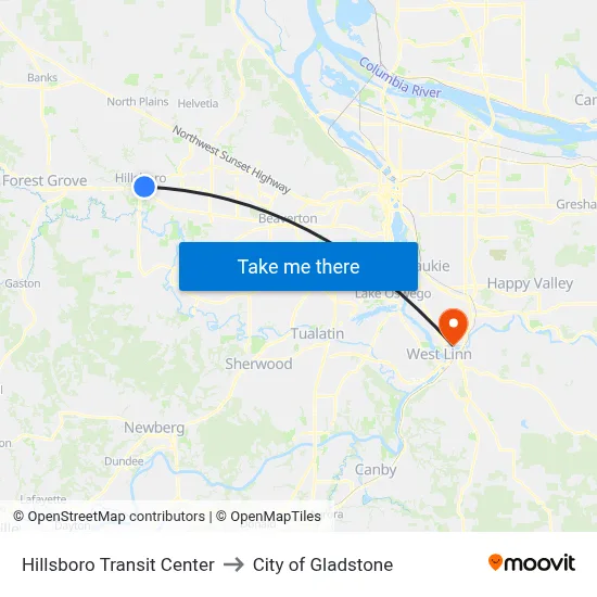 Hillsboro Transit Center to City of Gladstone map