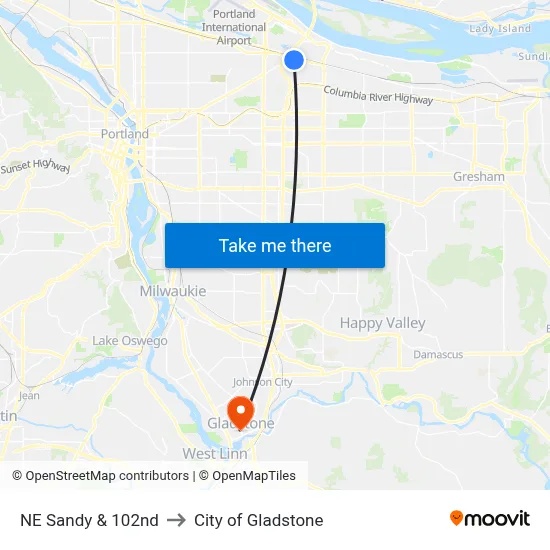 NE Sandy & 102nd to City of Gladstone map