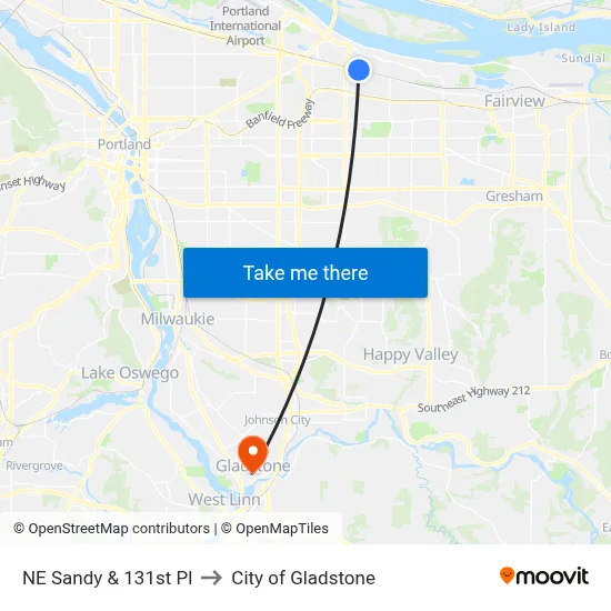 NE Sandy & 131st Pl to City of Gladstone map