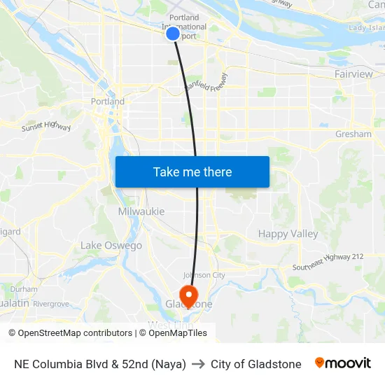 NE Columbia Blvd & 52nd (Naya) to City of Gladstone map