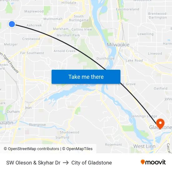 SW Oleson & Skyhar Dr to City of Gladstone map