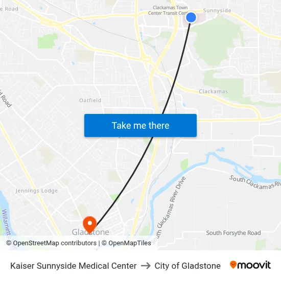 Kaiser Sunnyside Medical Center to City of Gladstone map