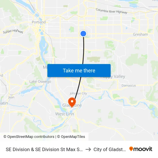 SE Division & SE Division St Max Station to City of Gladstone map