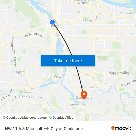 NW 11th & Marshall to City of Gladstone map