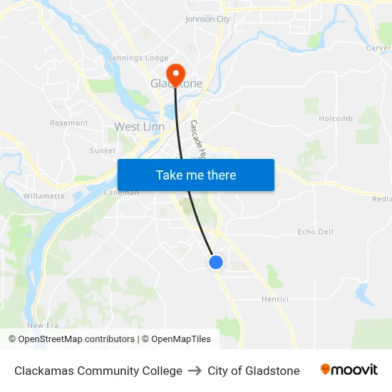 Clackamas Community College to City of Gladstone map