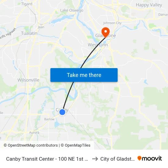 Canby Transit Center - 100 NE 1st Avenue to City of Gladstone map