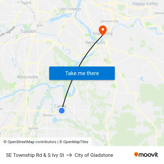 SE Township Rd & S Ivy St to City of Gladstone map