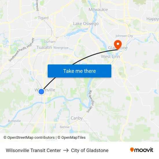 Wilsonville Transit Center to City of Gladstone map