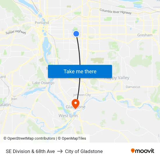 SE Division & 68th Ave to City of Gladstone map