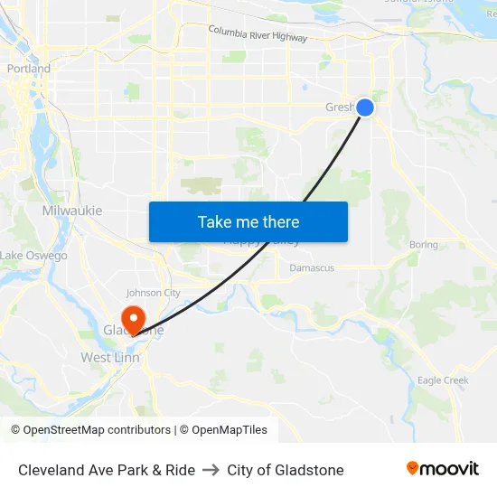 Cleveland Ave Park & Ride to City of Gladstone map