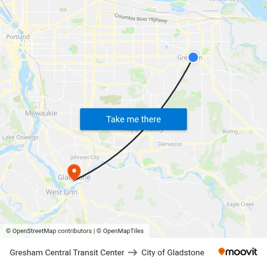 Gresham Central Transit Center to City of Gladstone map