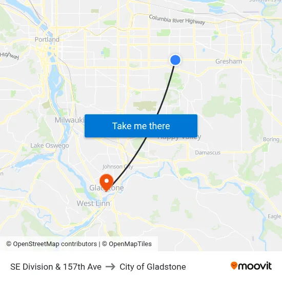 SE Division & 157th Ave to City of Gladstone map