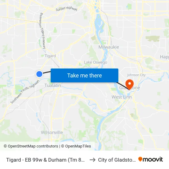 Tigard - EB 99w & Durham (Tm 8792) to City of Gladstone map