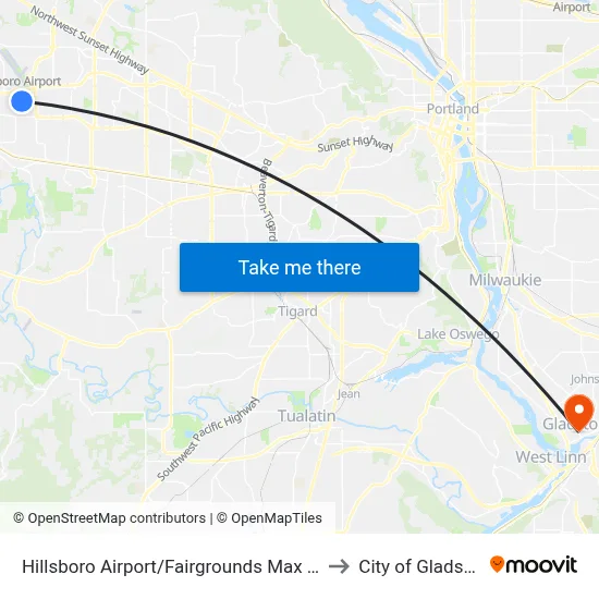 Hillsboro Airport/Fairgrounds Max Station to City of Gladstone map