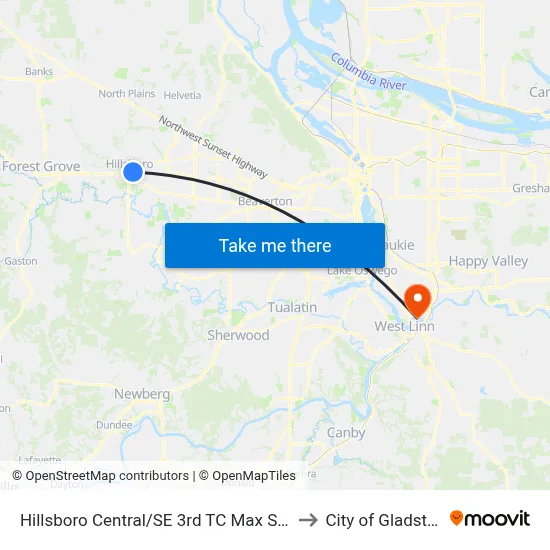 Hillsboro Central/SE 3rd TC Max Station to City of Gladstone map