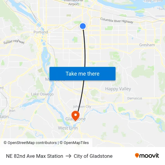 NE 82nd Ave Max Station to City of Gladstone map