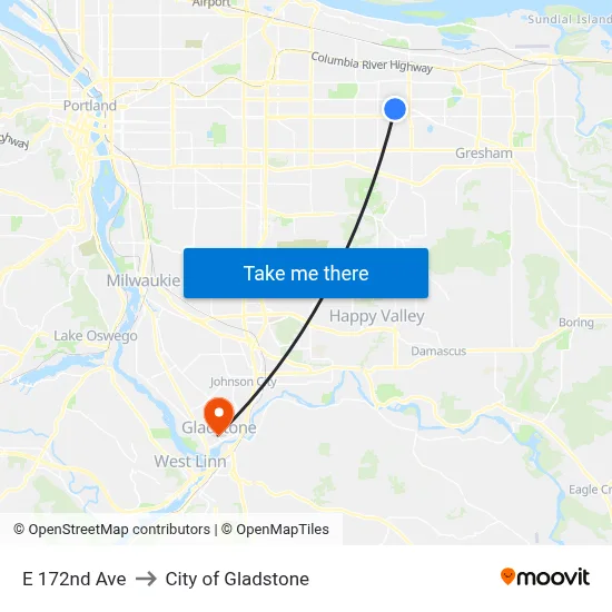 E 172nd Ave to City of Gladstone map