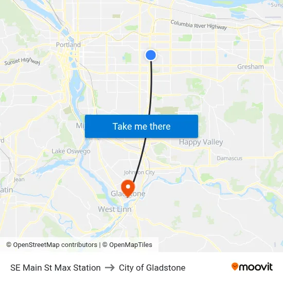 SE Main St Max Station to City of Gladstone map