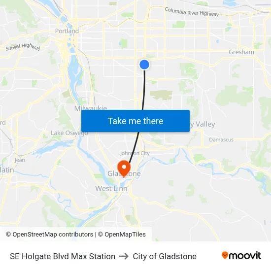 SE Holgate Blvd Max Station to City of Gladstone map