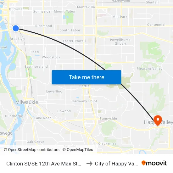 Clinton St/SE 12th Ave Max Station to City of Happy Valley map