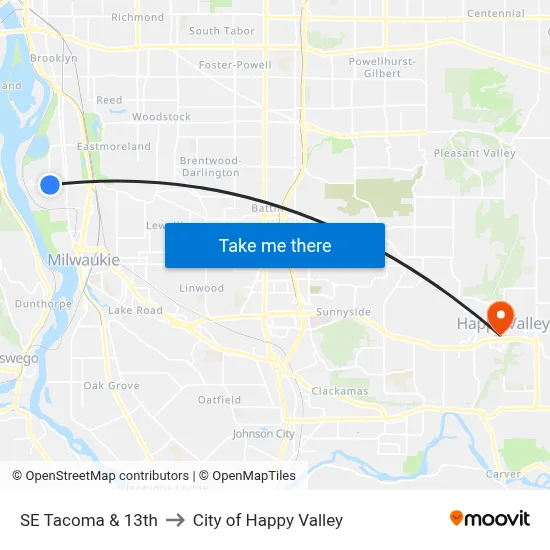 SE Tacoma & 13th to City of Happy Valley map