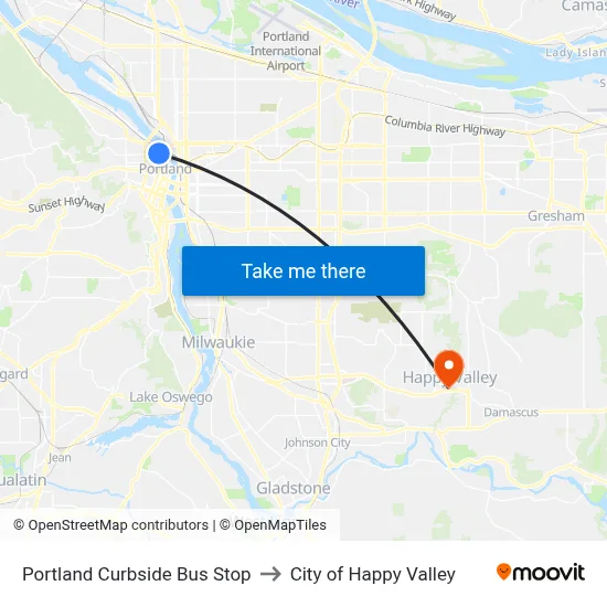 Portland Curbside Bus Stop to City of Happy Valley map