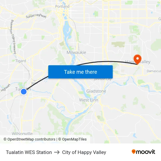 Tualatin WES Station to City of Happy Valley map