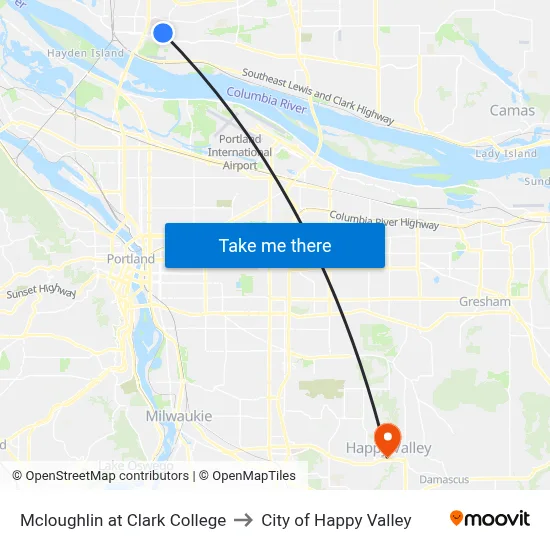 Mcloughlin at Clark College to City of Happy Valley map