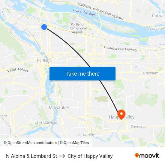 N Albina & Lombard St to City of Happy Valley map
