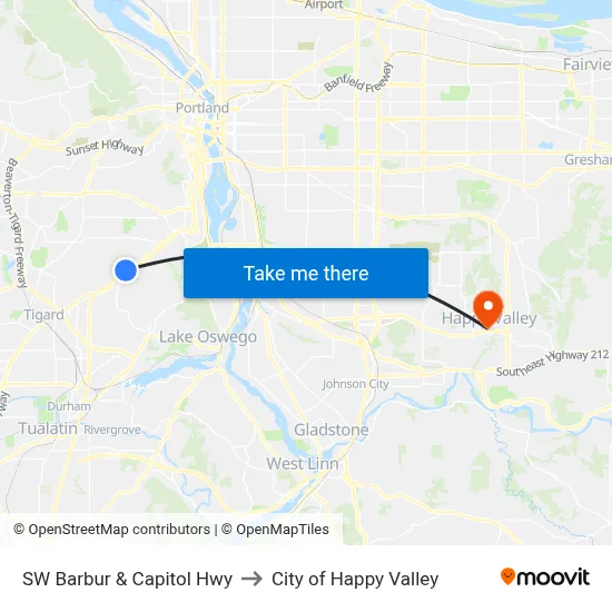 SW Barbur & Capitol Hwy to City of Happy Valley map