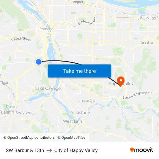 SW Barbur & 13th to City of Happy Valley map