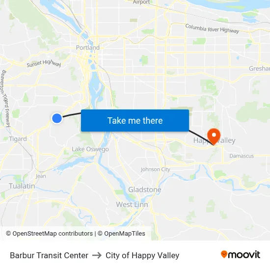 Barbur Transit Center to City of Happy Valley map