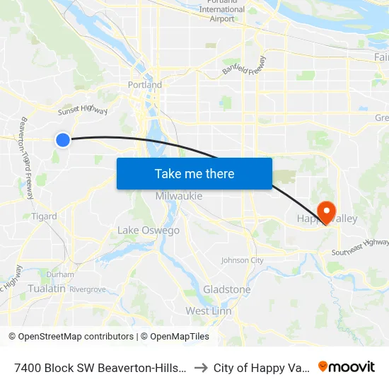 7400 Block SW Beaverton-Hillsdale to City of Happy Valley map