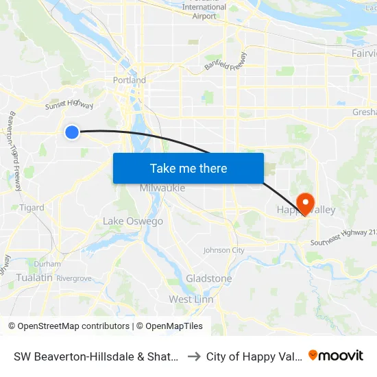 SW Beaverton-Hillsdale & Shattuck to City of Happy Valley map