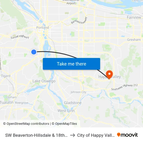 SW Beaverton-Hillsdale & 18th Dr to City of Happy Valley map