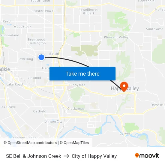 SE Bell & Johnson Creek to City of Happy Valley map