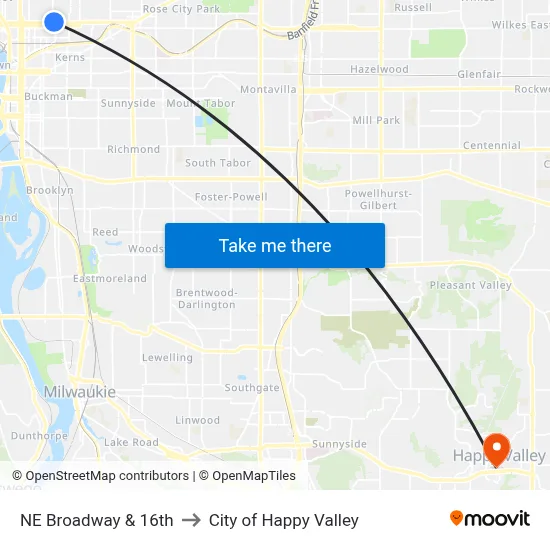 NE Broadway & 16th to City of Happy Valley map