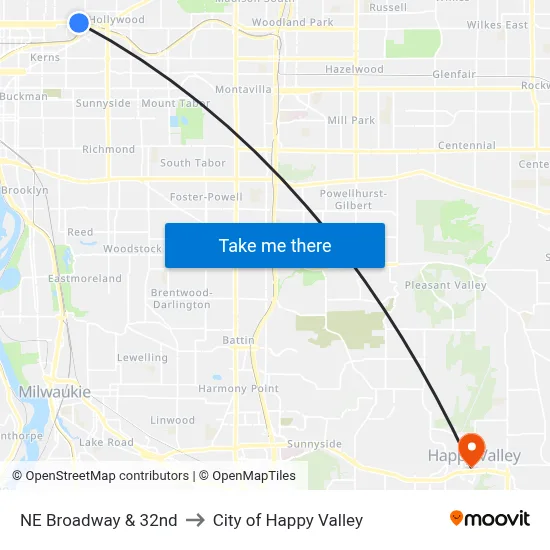 NE Broadway & 32nd to City of Happy Valley map