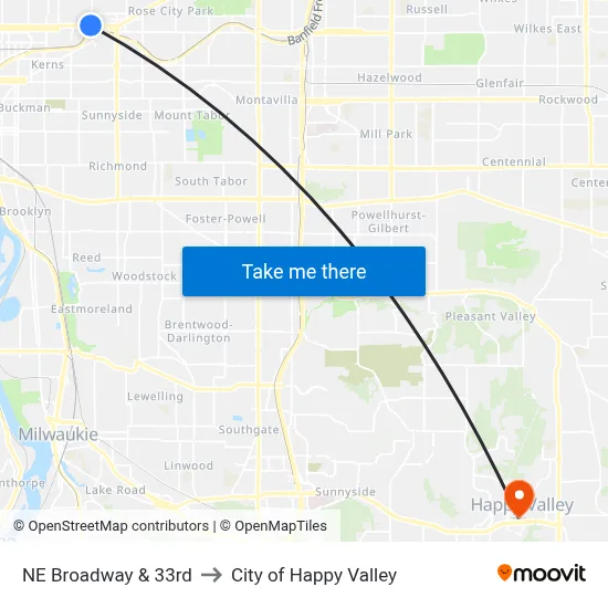 NE Broadway & 33rd to City of Happy Valley map